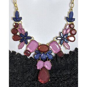 Floral Jewel Tone Statement Necklace With Red Pink & Navy Gems